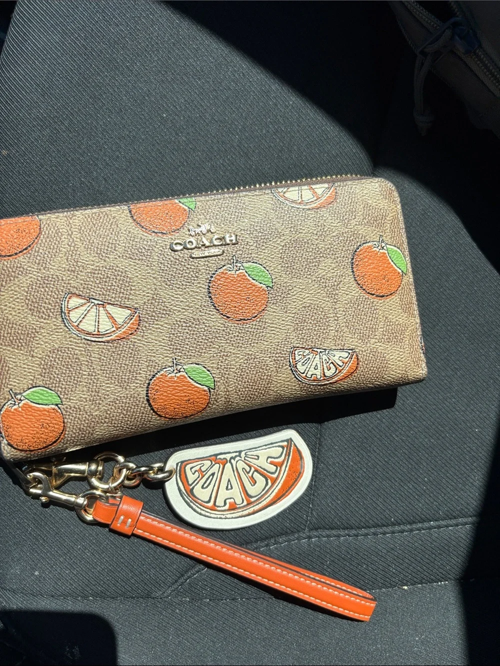 Coach Brown Signature Orange Print Zip Wallet with Wristlet
